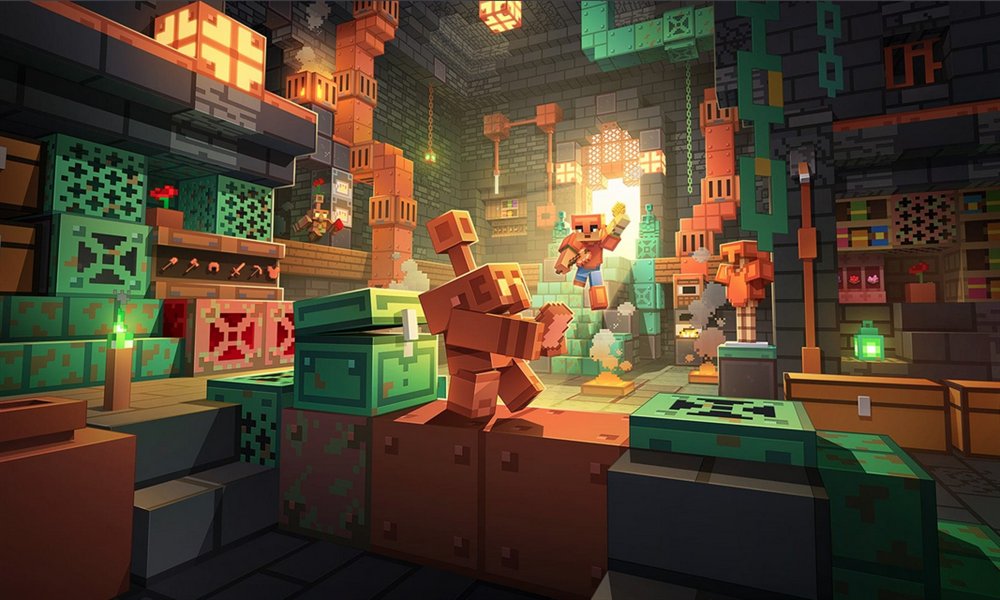 Intérieur Minecraft en blocs de cuivre, éclairé aux lanternes, avec un golem