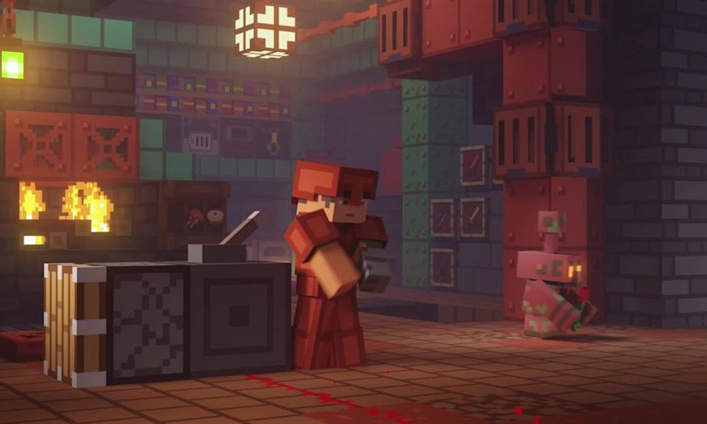 Salle d'épreuves Minecraft en cuivre, torches allumées et coffre ouvert
