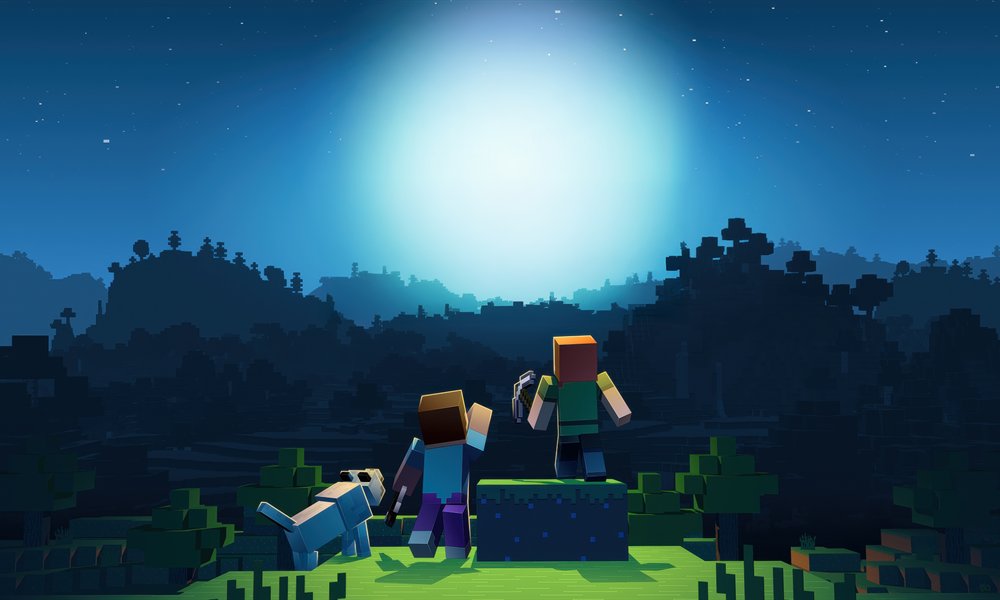 Deux joueurs Minecraft et leur loup sur une colline, sous un clair de lune